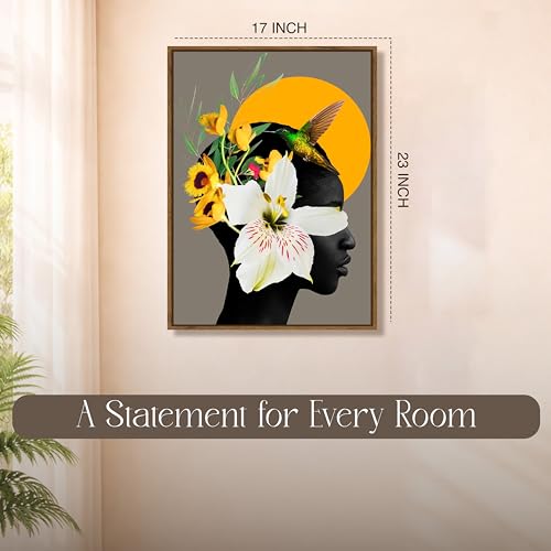 Image of Floral Woman Portrait Framed Canvas Painting For Living Room | Modern Botanical Abstract Wall Art For Livingroom Wall Decor, Home Decor, Bedroom, Hallway's, Office, Hotel - 43x58 cm