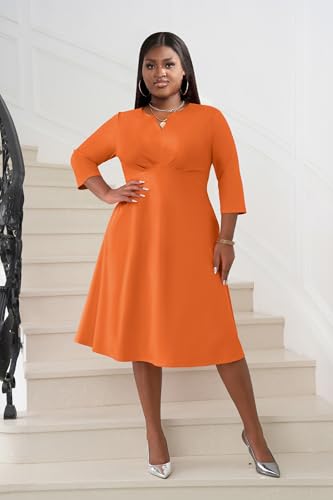 Image of Nmoder Women's Plus Size Stretchy Flared Wrap Dress Casual Wedding Guest Midi Dresses V Neck 3 /4 Sleeve A-Line Swing Dress