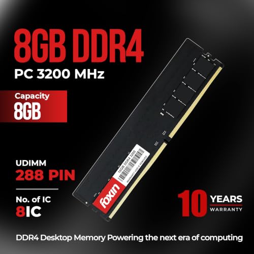 Image of Foxin 8GB DDR4 Desktop RAM 3200 MHz | UDIMM | Long-DIMM | 1.2V Low Voltage | 288-PIN Pin, Single Channel Memory, Intel & AMD Compatible | High-Speed PC Memory Upgrade | 10 Years Warranty