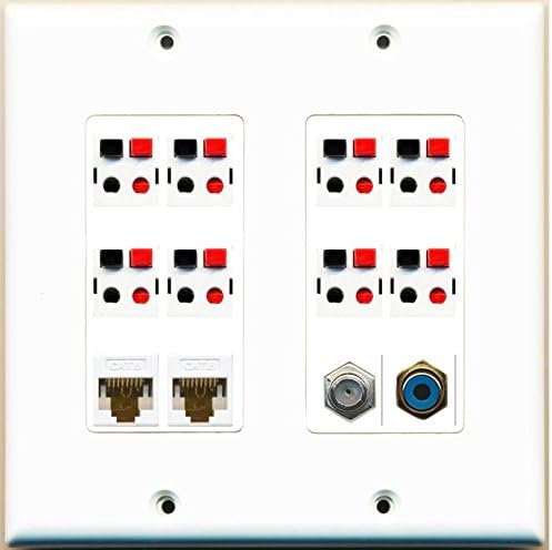 RiteAV - (2 Gang Decorative Coax 2 Cat6 White RCA Blue 8 Speaker Jack Wall Plate White