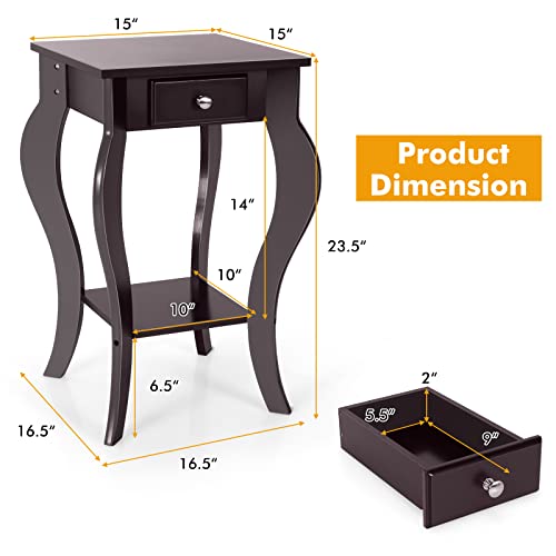 Giantex End Table, Set Of 2 Nightstand W/Drawer & Shelf, Accent Sofa Side Table W/Curved Legs For Living Room, Bedroom, 2-Tier Bedside Table Home Furniture, Easy To Assemble, Brown #TOP2