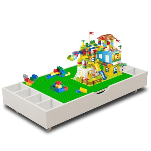 Kids’ Table for Toy Building Set, 2 in 1 Toddler Activity Construction Play Wooden Table with Storage and Wheels for Lego, Building Bricks Block, Store Under Bed or Sofas