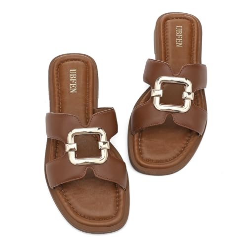 Image of UBFEN Womens Square Toe Flat Sandals Slides Dressy Comfortable for Beach