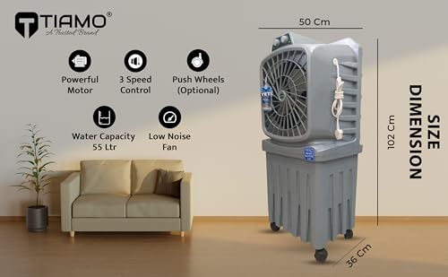 Image of TIAMO Yeti 50L Personal Air Cooler 12 Inch Blade With Insta-Cool Technology, Powerful Motor, Turbofan, Powerful Air Throw, 3-Speed Control, Portable Air Cooler, Light Grey