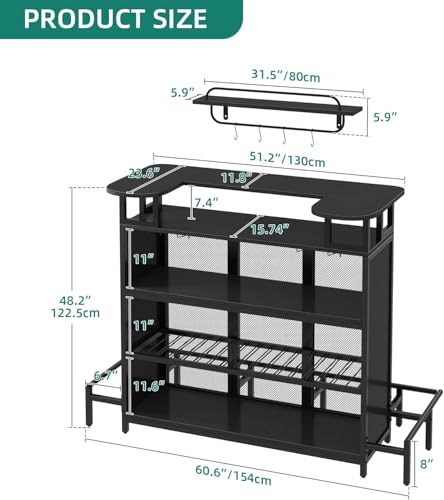 DWVO Mini Home Bar Unit Table with Wall-Mounted Shelf Rack & Music Sensing LED Light, Modern Liquor Wine Bar Cabinet with Footrest and Storage for Home Kitchen Pub Living Room, Black