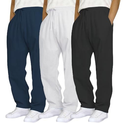 Pantalones de verano largos para hombre, 3 unidades, informales, de lino, de algodón liso, transpirables, ligeros, para deporte, vacaciones, playa, 2025, verano, playa, uso diario, holgado, S-3XL, l,