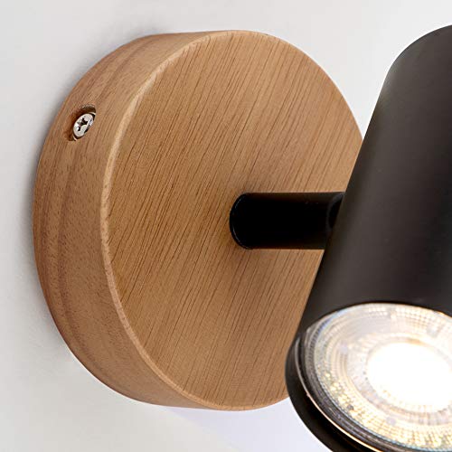 Briloner Leuchten - Luminaire à spots, spot mural, applique murale rétro, vintage, spot pivotant et orientable, 1x GU10, métal et bois, noir, 90x120mm (DxH) - Image 6