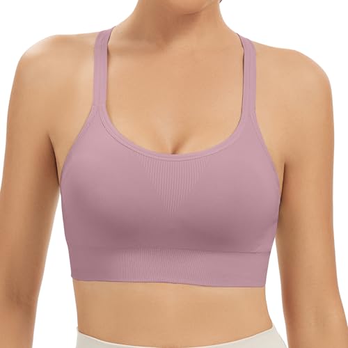 Comfyin Racerback Sports Bras for Women Unpadded Workout Bralette Seamless Yoga Gym Fitness Top,Pink,L