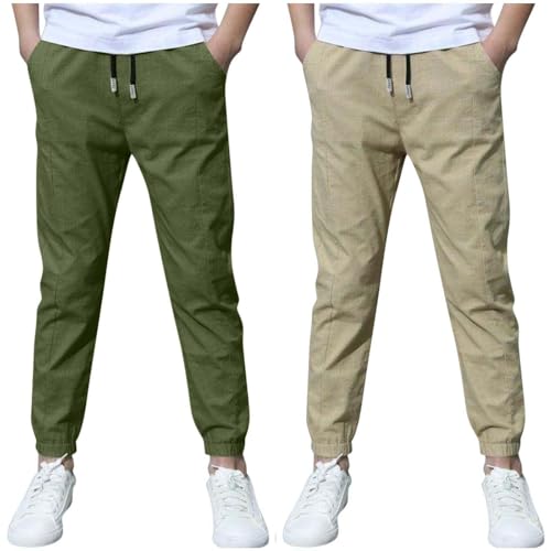 2 Pack Boys Cotton Linen Sweatpants Drawstring Jogger Trousers Casual Lightweight Athletic Pants Kids School Uniform
