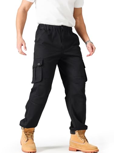 Cargo Pants for Men｜Elastic Waist, 6 Pockets & Adjustable Cuffs｜Cotton Fabric for Work, Casual & Daily Wear