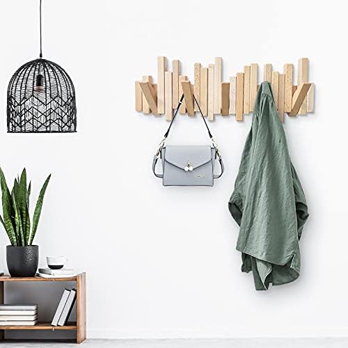 Desainoph® Wooden Coat Rack Wall Mounted Sticks Multi Rack Solid Handmade Natural Wood Artwork with 5 Flip-Down Unique Modern Hooks for Coats Bag Hat Umbrella