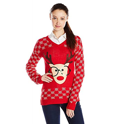 Derek Heart Juniors' Long-Sleeve Nerdy Reindeer Ugly Christmas Sweater