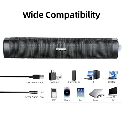 Uakinat USB Computer Speakers,Computer Speakers with 3.5 mm aux,Wired USB Powered & Colorful LED Lights with Switch Button,Surround Sound Portable SoundBar for Monitor Laptop Phone(Black)