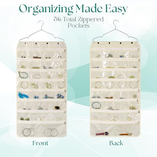 Flexzion Hanging Jewelry Organizer with Zippered Pockets - (1 Pack) Beige Closet Jewelry Organizer Storage with Hanger, 56 Pockets Dual Sided Earring Organizer Hanging for Bracelet, Watches, Ring by Flexzion - Image 8