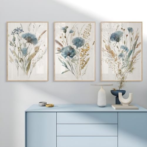 champracer Cuadros Salón Juego de 3 Cuadros Rústicos Flores Murales Acuarela Flores Lienzo Cuadros Azules Acuarela Flores Silvestres Póster Salón Dormitorio Decoración Sin Marco (30 x 40 cm)
