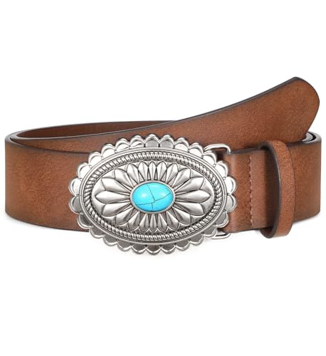 Women-Western-Cowgirl-Belt-Country-Concho Vintage Leather Belt with Concho Turquoise Buckle