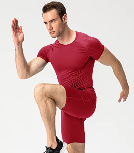 Red Compression Shirts Men Short Sleeve Workout Gym T-Shirt Running Tops Cool Dry Sports Base Layer Undershirts #TOP6