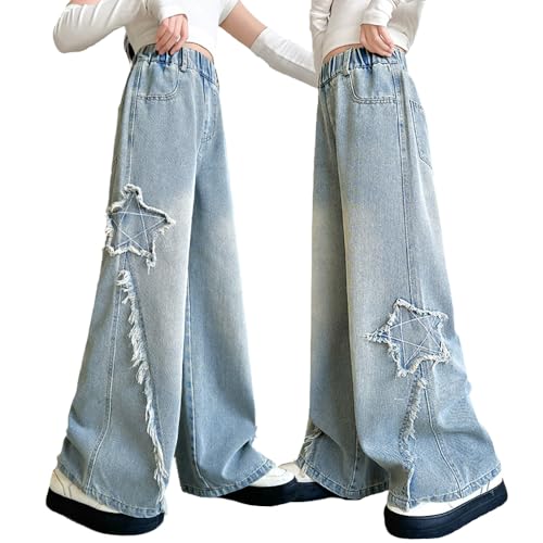 Tween Girls Baggy Jeans-Wide Leg Star Embroidered Denim Pants with Pockets, Elastic Waistband Jeans for Girls