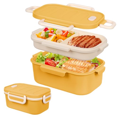 Image of Minicoco Bento Lunch Box with Compartments 1800 ml 2 Layer Leak-Proof Bento Box Adult for Men Women, Large Capacity Breakfast Box, Bento Box for Work, School, Picnics (Yellow)
