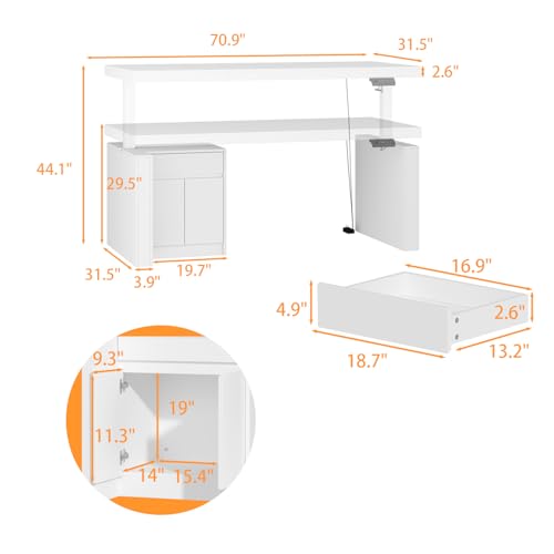 Image of FUFU&GAGA 70.9 inch Large Standing Desk with Drawer, Electric Height Adjustable Desk with File Cabinet, Executive Computer Table, Sit Stand Desks, for Home Office, White, 70.9 inchW x 31.6 inchD x 29.5 inch-44 inchH