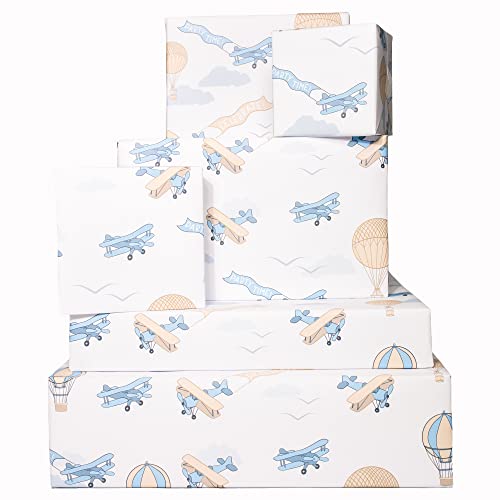 Image of Airplanes Wrapping Paper for Boys - 6 Sheets of Retro Gift Wrap for Him - Hot Air Balloons - Pastel Blue - Planes - Birthday - Bridal Shower - Christmas - For Kids Children - Made in the UK