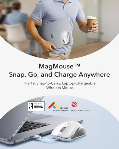 Image of ESR MagMouse Snap-to-Carry Bluetooth Mouse, Rechargeable Wireless Mouse for Laptop with Built-in Charging Cable, Reusable Adhesive Holder, BT 5.0 + 2.4 GHz Connectivity, Silent, Ergonomic, White