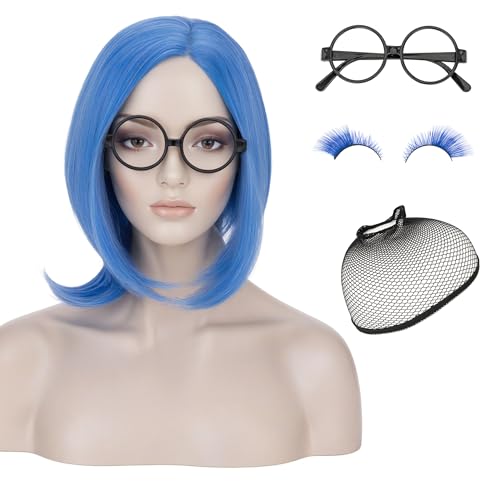 Image of S-noilite Blue Sadness Costume Wig with Glasses Short Blue Bob Wigs Synthetic Hair for Women Halloween Anime Cosplay Party