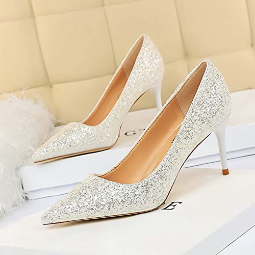 JOEupin Women's Sequin Mid Heel Wedding Pumps Pointed Toe Sparkly Party Wear Glitter Bridal Shoes2