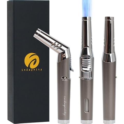 Pen Torch Lighter - Refillable Single Flame Butane Torch Lighter for Candle, & Cooking w/Adjustable Flame & Ignition Lock - Luxurious Handheld Camping Lighter & Gift Box by inZaynity - Grey & Steel Cover