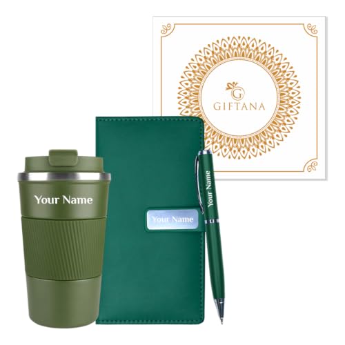 Image of Giftana Personalized Diary with Pen, Coffee Tumbler with Name, 3 in 1 Diary, Pen, Tumbler, Personalized Gifts for Husband Birthday, New Year Corporate Gifts for Employee (Green)