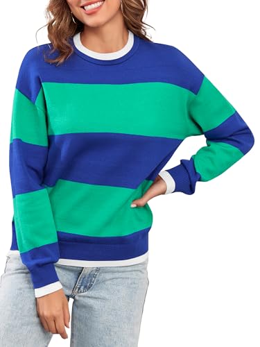 ZAFUL Women's Crewneck Sweaters Striped Colorblock Casual Pullover 2024 Fall Ribbed Knit Tops