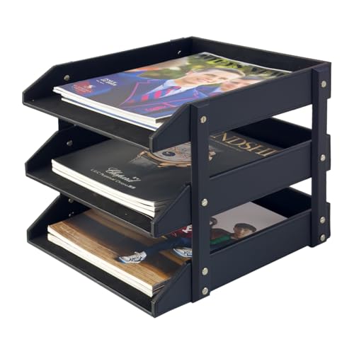 UnionBasic 3-Layer Document Paper Letter Tray, Faux Leather Desktop File Sorter Organizer Tray, Black