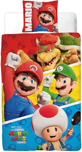 Super Mario Bros Movie, Parure de Lit Enfant, Lit 1 Place Housse de Couette Réversible 140x200 cm et Taie d'oreiller 63x63 cm, Thème Gaming, Textile...