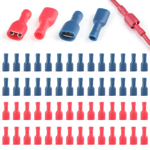 Aihoom Packung mit 60 Crimp-Kabelschuhen, isolierten Kabelklemmen, Aluminiumverbindern für elektrische Kabel, Schnellkupplungsbuchsen, für 1,5-2,5 mm² (16-14 AWG) - (blau, rot)