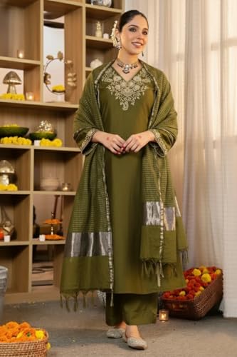 Image of Klosia Women Embroidery Solid Straight Kurta and Pant Set with Dupatta