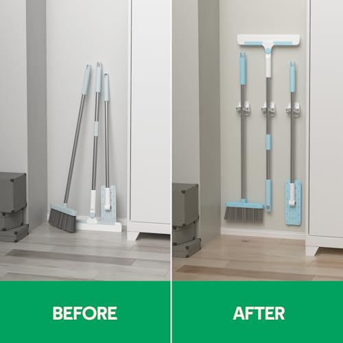 Reliahom 3 Pack Broom Holder Wall Mount Mop Grippers No Drilling Self Adhesive Anti-Slip Mop Handle Hanger Dustpan And Broom Organizer-White thumb #6