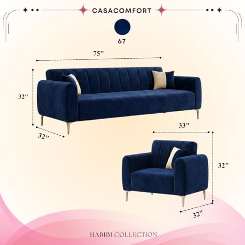 Image of Habibi Rich Velvet Suede 3+1+1 Seater Sofa Set | Spacious Soft Touch Comfort Seating | 5 Person Seating | Modern Living Room Sofa Set (Dark Blue)