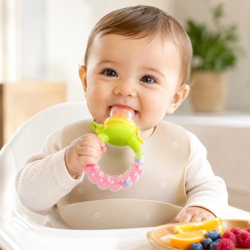 Image of Novo Baby Baby Fruit Feeder - Silicone Food & Fruit Nibbler with Extra Mesh, Soft Pacifier Feeder & Teether for Infants