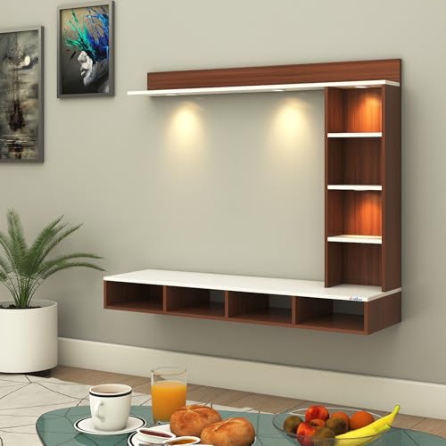 Image of Anikaa Briza Engineered Wood Wall Mounted TV Unit with 4 LED Lights, 9 Open Display Boxes & Shelf Design for Living Room | Ideal for Upto 43 Inch TV- Walnut /White(DIY Installation)