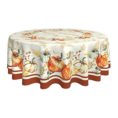 Autumn Pumpkin Round Tablecloth Thanksgiving and Fall Leaf Decorative Table Cloth 60 Inch Polyester Fabric Farmhouse Harvest Table Cover for Home Kitchen Outdoor Halloween Party Cover