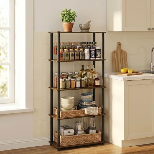 Image of Furinno Turn-N-Tube Storage Shelves, 5-Tier Book Shelf, Corner Shelf, Toolless Open Shelves, for Organization and Storage, Living Room, Garage, Home Office, Amber Pine