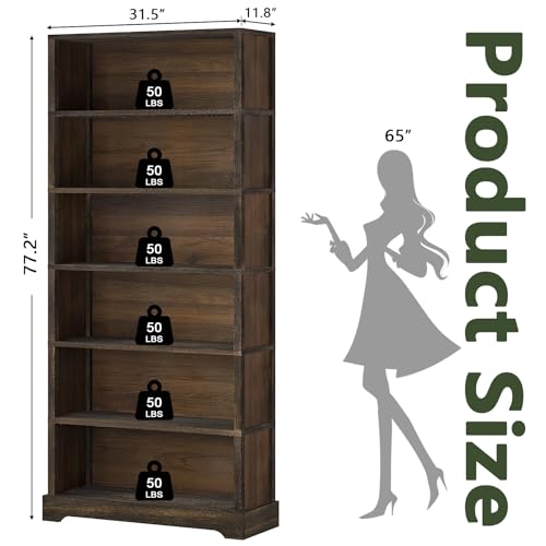 Image of TVU 6-Tier Wooden Book Shelf, Floor-Standing Display Bookcase, 77.2 inch H x 31.5 inch W x 11 inch D Bookshelf, Farmhouse Style Book Case with Arched Base, Suitable for Living Room, Study, Office, Walnut