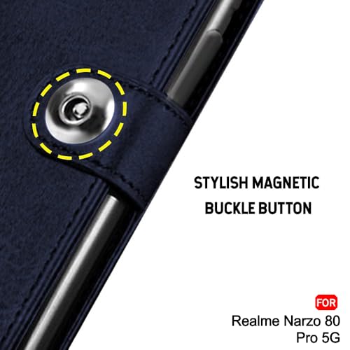Image of TheGiftKart Flip Cover Back Case for Realme Narzo 80 Pro 5G | Genuine Leather Finish | Designer Button | Inbuilt Pockets & Stand | Wallet Style Flip Back Cover for Narzo 80 Pro (Faux Leather, Blue)