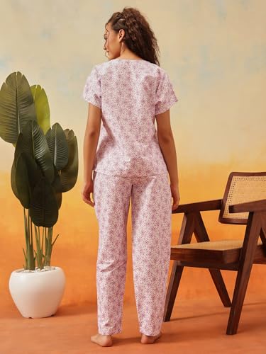 Image of Clovia Women's Floral Print T-Shirt & Pyjama Korean Night Suit for Girls | Rayon Korean Night Dress Set | Comfortable Multicolor Sleepwear