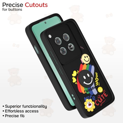 Image of Pikkme Back Cover for OnePlus 12 5G | Soft Silicone| Cute Rainbow Smile & 3D Cartoon Flower Design | Shockproof Raised Camera Protection Bumper Case (Black)