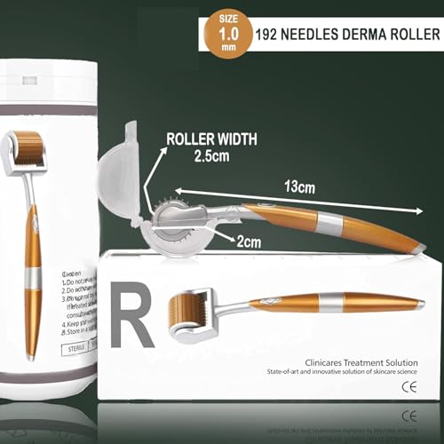 Image of Geek Lab Professional Gold Plated 192 Needles Titanium Alloy Derma Roller, Gold, 1mm for Acne Skin & Hair Loss By Stimulating Natural Healing Responses.