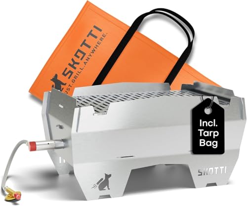 SKOTTI Portable Gas Grill Compact Collapsible Stainless Steel BBQ for Camping Overlanding Backpacking Tailgating Versatile Flatpack Design Works with Propane Wood Charcoal