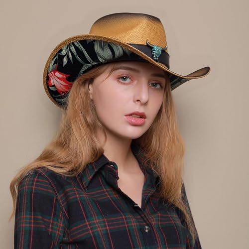 Image of Cowboy Hats for Women, Brown Cowgirl Hats Classic Straw Western Hats for Women Music Festival Party Beach.