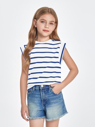 Image of Haloumoning Girls Cap Sleeve T Shirts Summer Striped Tank Tops Tees 4-14 Years