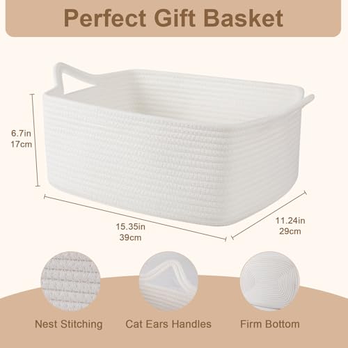 Image of OIAHOMY Small Woven Basket with Gift Bags, Ribbons, Baskets for Gifts Empty, Small Rope Basket 15.35 * 11.42 * 6.7IN, Cute Decorative Baskets with Handles for Baby Pets, Toys, White